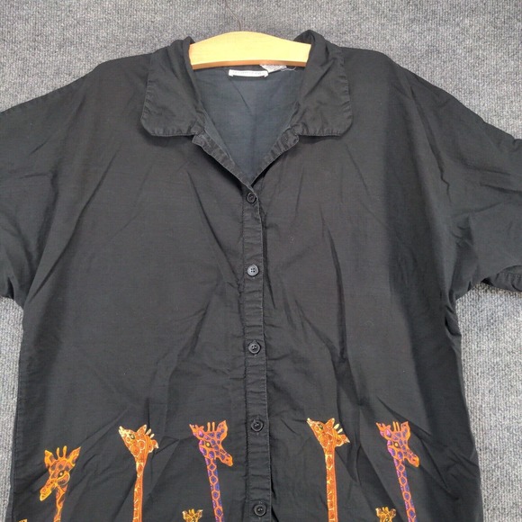 Fundamentals Womens Button Up Shirt Dress Black OSFM Giraffes Animals - Picture 3 of 11
